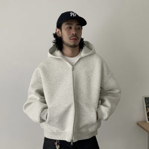 Minimalist High-End Air Layer Hooded Sweatshirt Unisex Boxy Zipper Jacket for Streetwear Style