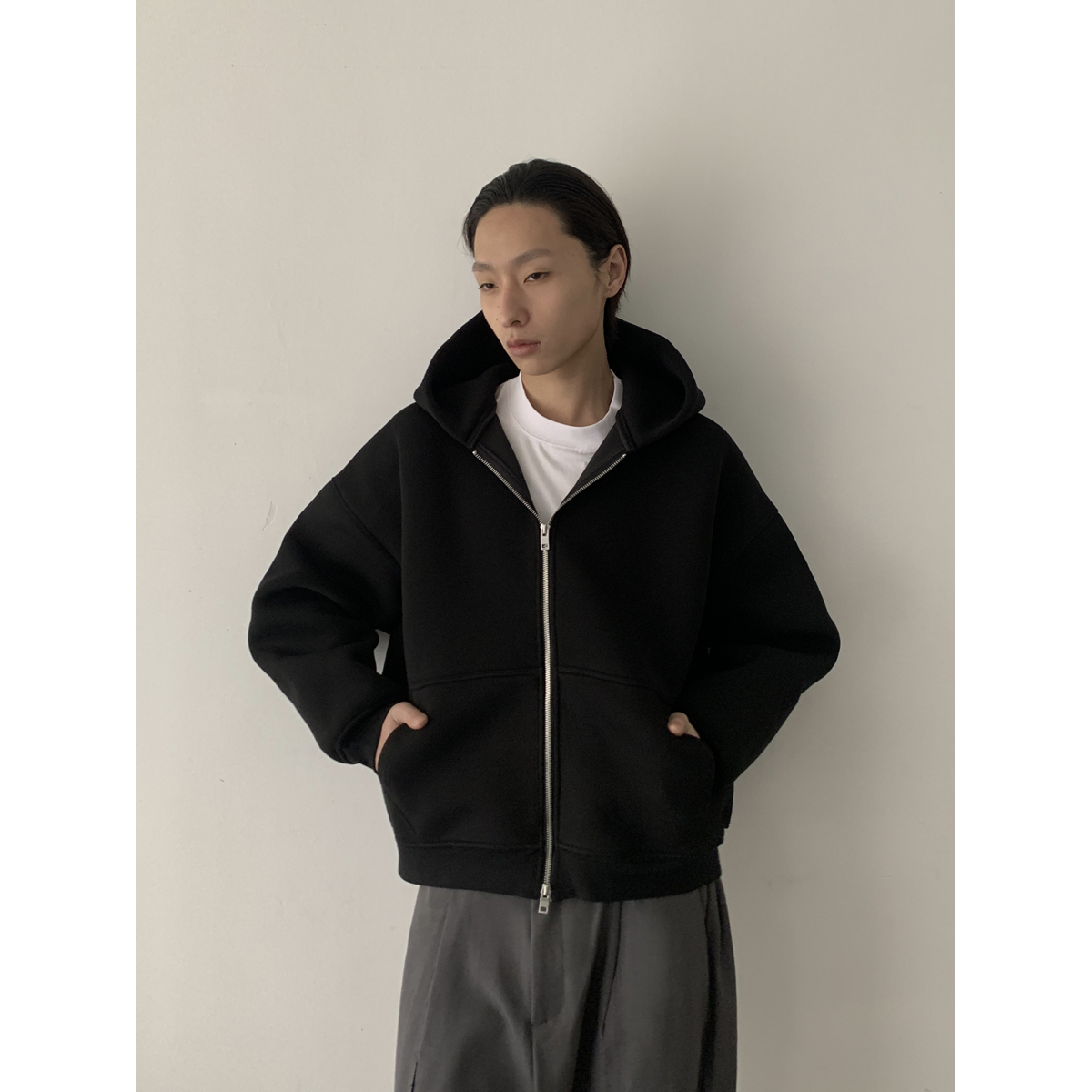 Minimalist High-End Air Layer Hooded Sweatshirt Unisex Boxy Zipper Jacket for Streetwear Style