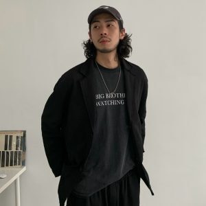 Minimalist Melange Frayed Spliced Oversized Casual Suit Jacket for Men - Trendy Loose Fit Street Style Outerwear