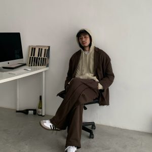 Minimalist Melange Frayed Spliced Oversized Casual Suit Jacket for Men - Trendy Loose Fit Street Style Outerwear