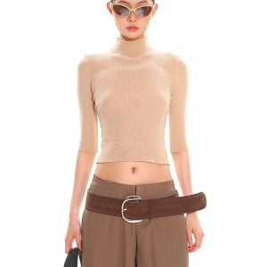 Minimalist Mid-High Neck Knitted Top for Women - Slim Fit Base Layer, Spring Fashion Essential, High-End Feel, Sexy Style