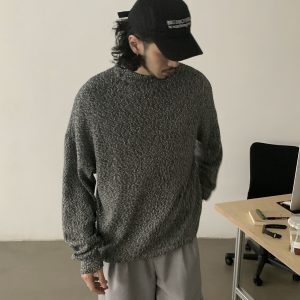 Minimalist Retro Floral Gray Oversized Sweater - Unisex High-Quality Knit Pullover with Round Neck - Casual Y2K Style