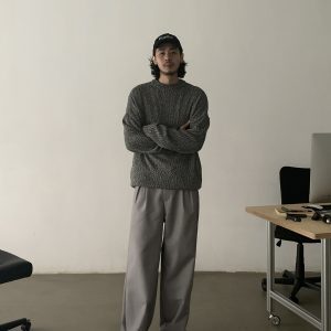 Minimalist Retro Floral Gray Oversized Sweater - Unisex High-Quality Knit Pullover with Round Neck - Casual Y2K Style