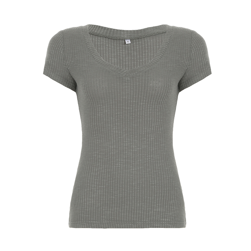 Minimalist Retro Gray V-Neck Short Sleeve Knitted T-Shirt - Versatile Slim Lightweight Sheer Base Top for Summer Fashion