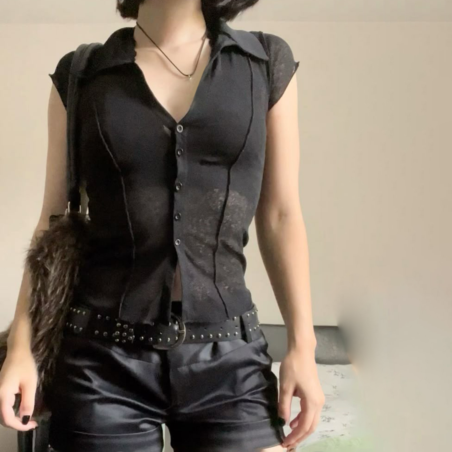 Minimalist Sheer Dark Lapel Shirt - Sexy Single-Breasted Slim Fit Goddess Top for Y2K and 90s Style