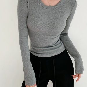 Minimalist Solid Color Long Sleeve T-Shirt for Women - Stretch Slim Fit Round Neck Top - European and American Style