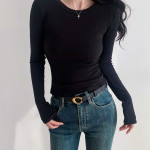 Minimalist Solid Color Long Sleeve T-Shirt for Women - Stretch Slim Fit Round Neck Top - European and American Style
