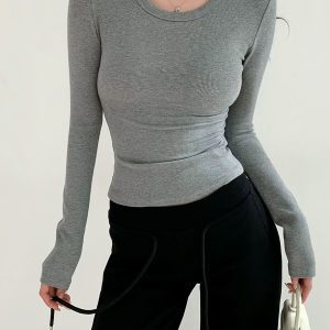 Minimalist Solid Color Long Sleeve T-Shirt for Women - Stretch Slim Fit Round Neck Top - European and American Style