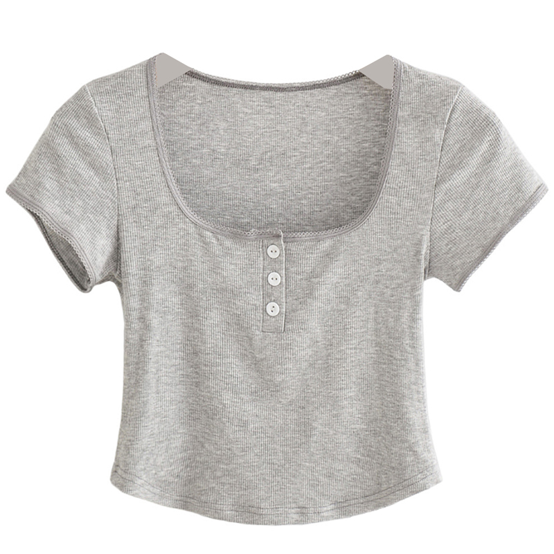 Minimalist Solid Color Slim Fit Crop Top T-Shirt for Women - Half-Open Round Neck Short Sleeve, Perfect for Y2K and Casual Style