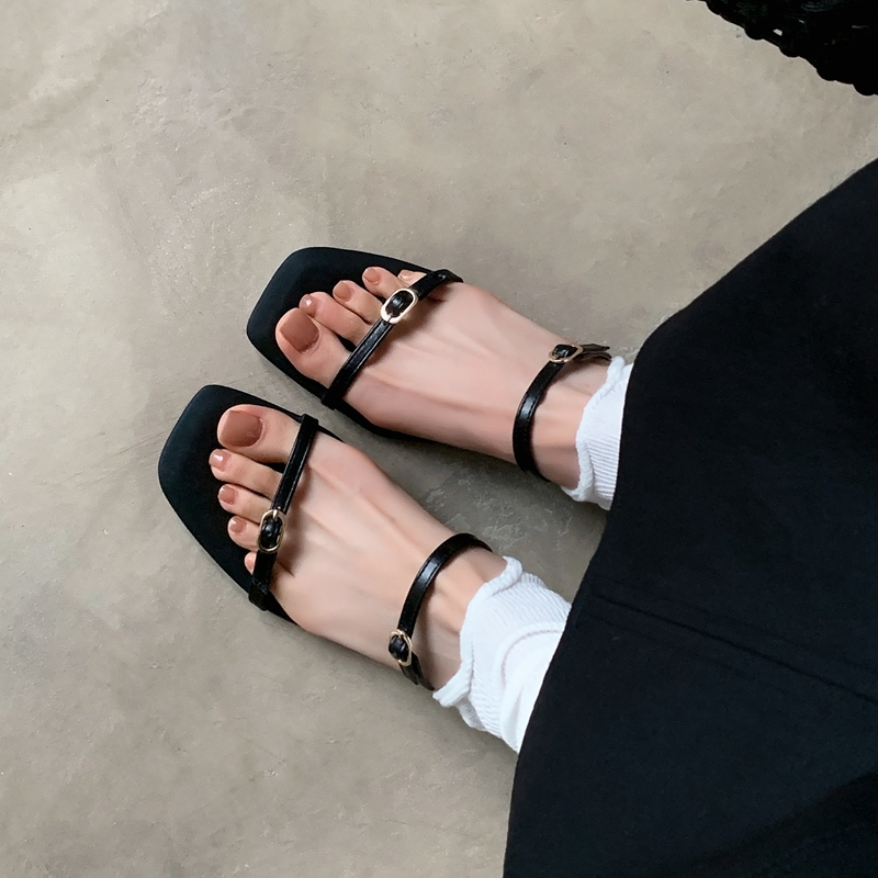 Minimalist Thin Strap Open-Toe French Slippers for Women - Slip-On Wedge Flat One-Strap Sandals