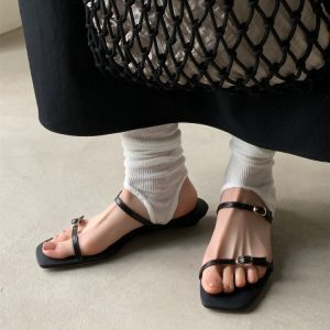 Minimalist Thin Strap Open-Toe French Slippers for Women - Slip-On Wedge Flat One-Strap Sandals