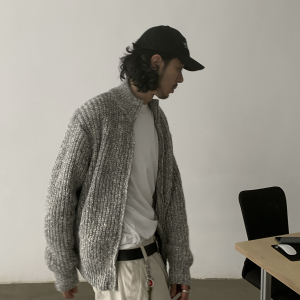 Minimalist Vintage Floral Gray Zipper Sweater Jacket for Men and Women | High-Quality Knitwear with Stand Collar, Y2K Style