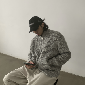 Minimalist Vintage Floral Gray Zipper Sweater Jacket for Men and Women | High-Quality Knitwear with Stand Collar, Y2K Style