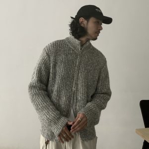 Minimalist Vintage Floral Gray Zipper Sweater Jacket for Men and Women | High-Quality Knitwear with Stand Collar, Y2K Style