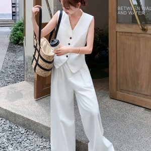 Minimalist White Suit Vest Set for Women - Elegant Long Pants Two-Piece Set in Old Money Style for Summer 2025