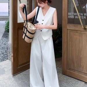 Minimalist White Suit Vest Set for Women - Elegant Long Pants Two-Piece Set in Old Money Style for Summer 2025