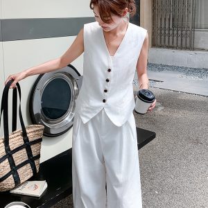 Minimalist White Suit Vest Set for Women - Elegant Long Pants Two-Piece Set in Old Money Style for Summer 2025