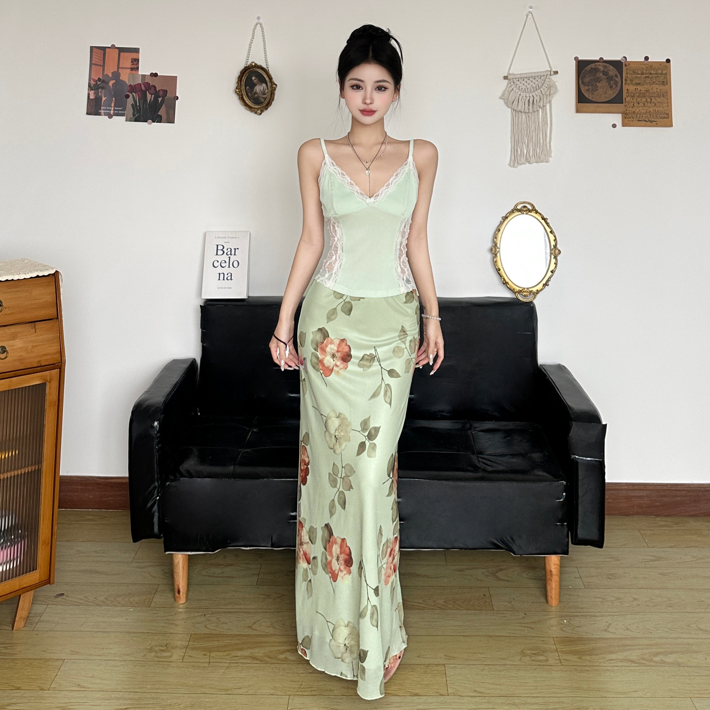 Mint Green Romantic Lace Camisole and Plant Print Straight Long Skirt Set for Vacation Style, Y2K Inspired Fashion