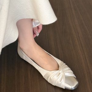 Moonlight White Satin Pleated Flat Shoes for Women - Spring 2025 Square Toe Design, Stylish and Elegant Flats