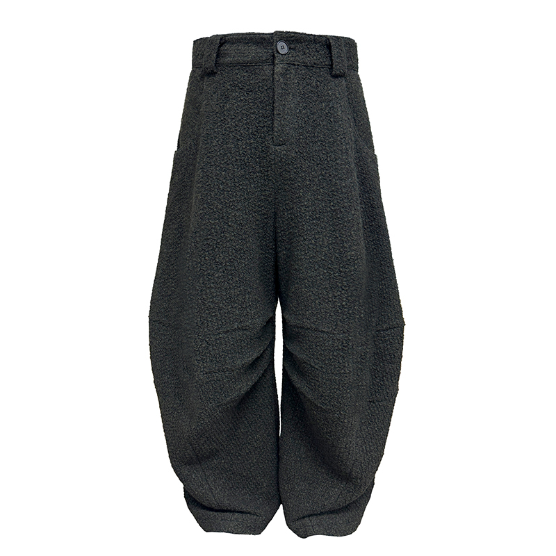 Moss Pleated Long Pants in Wool Terry Fabric with Curved Blade Design - Three-Dimensional Tailoring for a Stylish Look