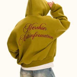 Mustard Yellow Fleece-Lined Hooded Cardigan Sweatshirt - Unisex Loose American Retro Jacket for Autumn & Winter Fashion