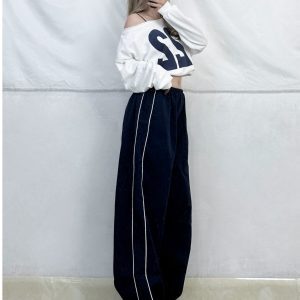 Navy Blue Asymmetrical Shoulder Long Sleeve T-Shirt with Dance Letter Print for Women - Quick-Dry Casual Jazz Dance Top