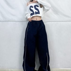 Navy Blue Asymmetrical Shoulder Long Sleeve T-Shirt with Dance Letter Print for Women - Quick-Dry Casual Jazz Dance Top