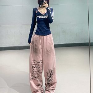 Navy Blue Spliced Long Sleeve Top with Pink Tie-Dye Printed Sports Pants - Hip-Hop Dance Style Long Pants for Trendy Outfits