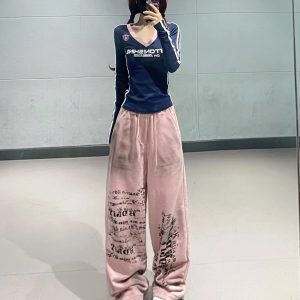 Navy Blue Spliced Long Sleeve Top with Pink Tie-Dye Printed Sports Pants - Hip-Hop Dance Style Long Pants for Trendy Outfits
