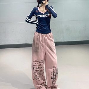 Navy Blue Spliced Long Sleeve Top with Pink Tie-Dye Printed Sports Pants - Hip-Hop Dance Style Long Pants for Trendy Outfits