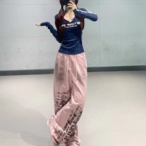 Navy Blue Spliced Long Sleeve Top with Pink Tie-Dye Printed Sports Pants - Hip-Hop Dance Style Long Pants for Trendy Outfits