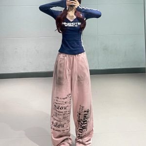 Navy Blue Spliced Long Sleeve Top with Pink Tie-Dye Printed Sports Pants - Hip-Hop Dance Style Long Pants for Trendy Outfits