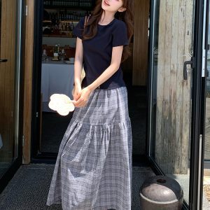 Navy Blue T-Shirt and Checkered Long Skirt Two-Piece Set for Women - Trendy Relaxed Summer OOTD Outfit 2025