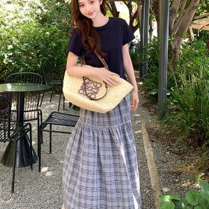 Navy Blue T-Shirt and Checkered Long Skirt Two-Piece Set for Women - Trendy Relaxed Summer OOTD Outfit 2025