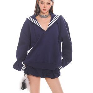Navy Collar Loose Fit Sailor College Sweatshirt - 2025 Early Spring American Vintage Style for Women