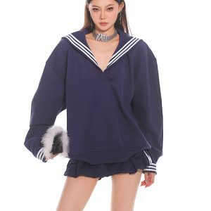 Navy Collar Loose Fit Sailor College Sweatshirt - 2025 Early Spring American Vintage Style for Women
