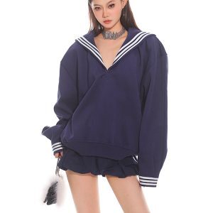 Navy Collar Loose Fit Sailor College Sweatshirt - 2025 Early Spring American Vintage Style for Women