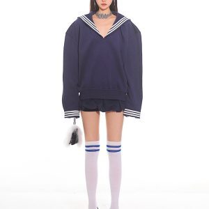 Navy Collar Loose Fit Sailor College Sweatshirt - 2025 Early Spring American Vintage Style for Women