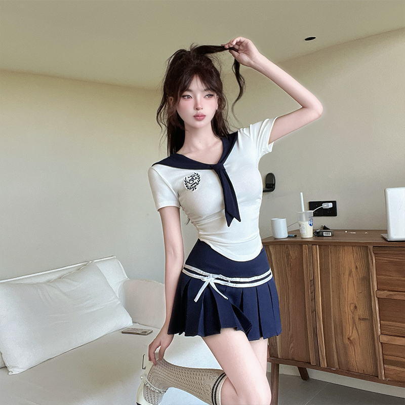 Navy Collar Short-Sleeve JK Uniform T-Shirt with Blue Skirt - Spicy Girl Pure Desire Style Spa Foot Bath Technician Outfit