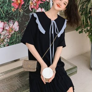 Navy College Style Chiffon Dress for Women, Loose & Slimming Casual Doll Dress, Summer 2025 Fashion