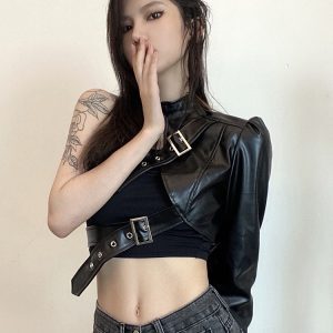 Niche Black Jazz Dance Top with American Motorcycle Leather Jacket - K-Pop Inspired Performance Outfit for Stylish Dance Looks