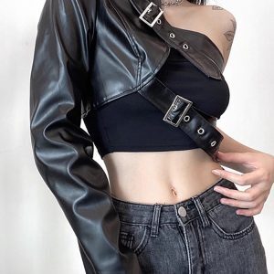 Niche Black Jazz Dance Top with American Motorcycle Leather Jacket - K-Pop Inspired Performance Outfit for Stylish Dance Looks