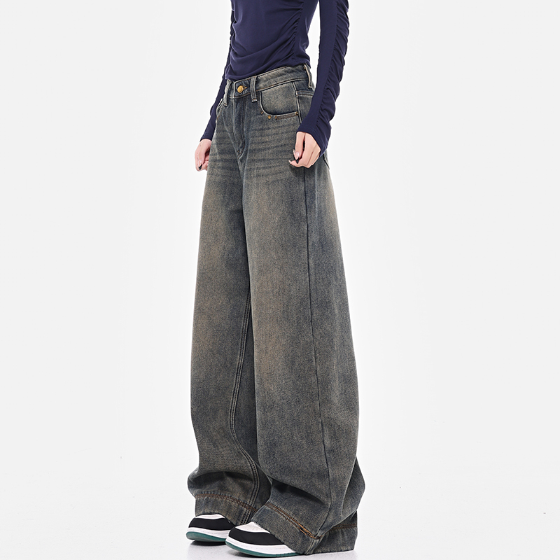 Nostalgic Retro High-Waisted Blue Wide-Leg Jeans for Women, Spring Slimming Straight-Leg Floor-Length Pants