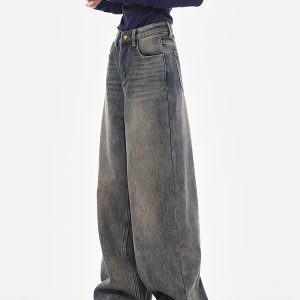 Nostalgic Retro High-Waisted Blue Wide-Leg Jeans for Women, Spring Slimming Straight-Leg Floor-Length Pants