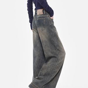 Nostalgic Retro High-Waisted Blue Wide-Leg Jeans for Women, Spring Slimming Straight-Leg Floor-Length Pants