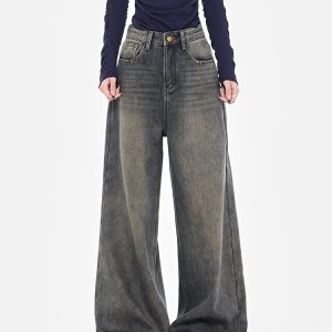 Nostalgic Retro High-Waisted Blue Wide-Leg Jeans for Women, Spring Slimming Straight-Leg Floor-Length Pants