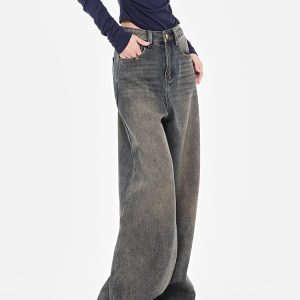Nostalgic Retro High-Waisted Blue Wide-Leg Jeans for Women, Spring Slimming Straight-Leg Floor-Length Pants