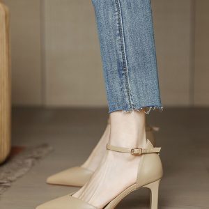 Nude Chunky Heel High-Heeled Sandals for Women, Retro Minimalist One-Strap Closed-Toe Flats, Summer 2025 Style
