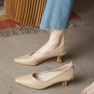 Nude Color Minimalist High Heels for Women, 3CM Low Heel Soft Leather Commuting Work Shoes, Stylish Flats for Office Wear