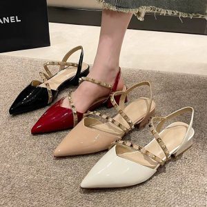 Nude Open-Toe Chunky Heel Sandals for Women - Fairy Style, Pointed Toe, Studded, Low-Heeled, Spring/Summer 2025 Fashion